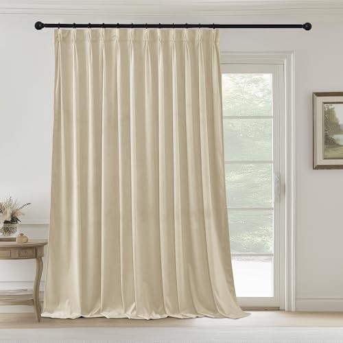 Beige pinch pleated velvet curtains 96 in