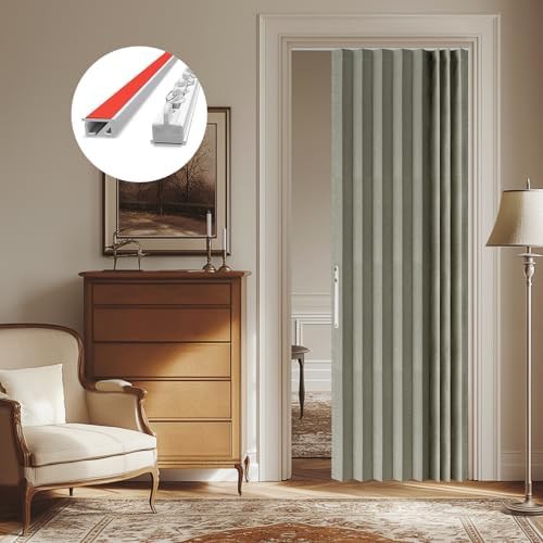Grey magnetic accordion door curtain with tracks 43 by 79 in