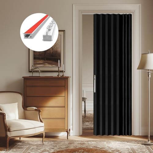 Black magnetic sliding door curtain with tracks 43 by 79 in