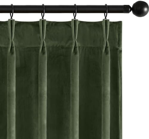 Olive green pinch pleated velvet curtains 108 in
