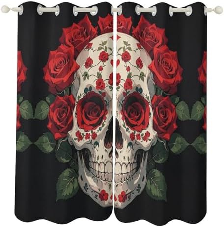 Red rose skeleton printed window curtain