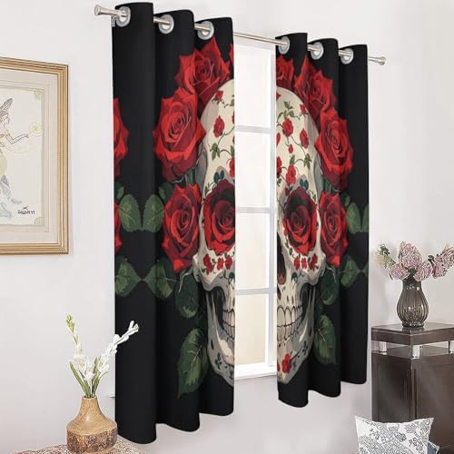 Red rose skeleton printed window curtain — photo 3