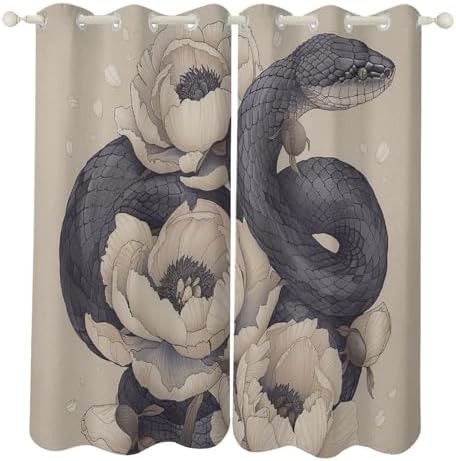 Black snake and flower printed window curtain