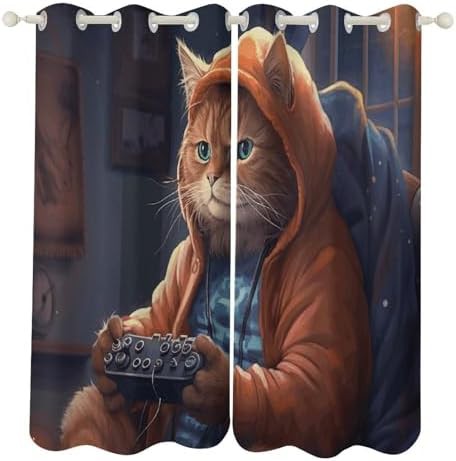 Fat cat playing games printed window curtain