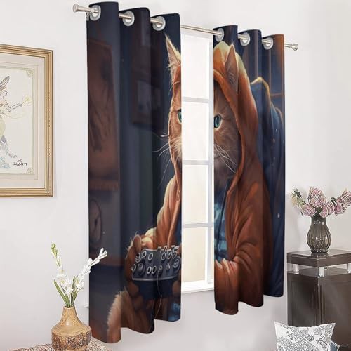 Fat cat playing games printed window curtain — photo 3