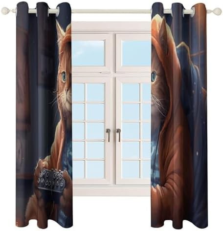 Fat cat playing games printed window curtain — photo 4