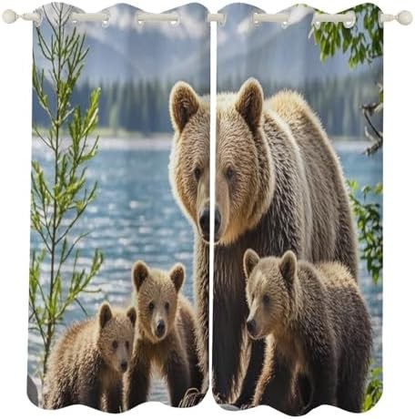 Mother bear and cubs printed thermal curtains