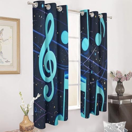 Blue musical notes printed window blackout drapes — photo 3