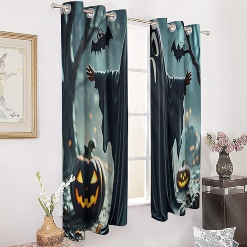 Black halloween ghost printed window blackout drapes — photo 3