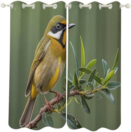 Olive green flowering birds blackout curtain
