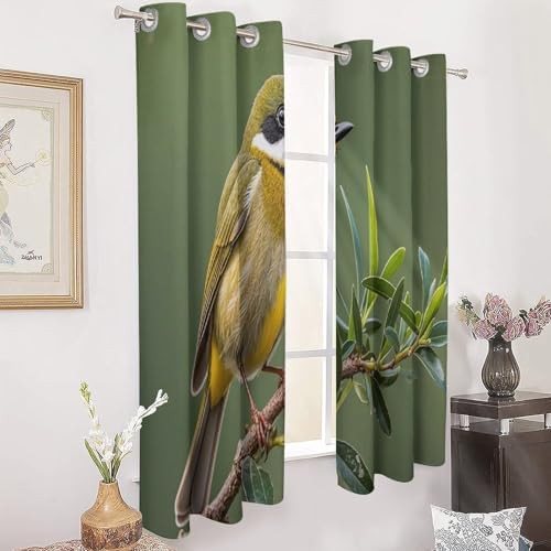 Olive green flowering birds blackout curtain — photo 3