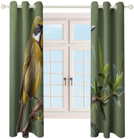 Olive green flowering birds blackout curtain — photo 4