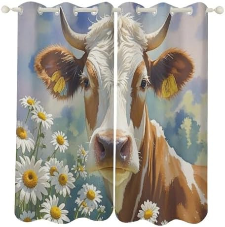 Watercolor cow and daisy flower blackout curtains