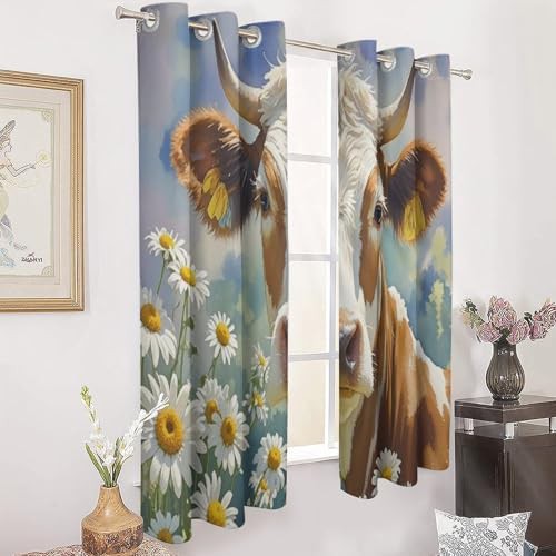 Watercolor cow and daisy flower blackout curtains — photo 3