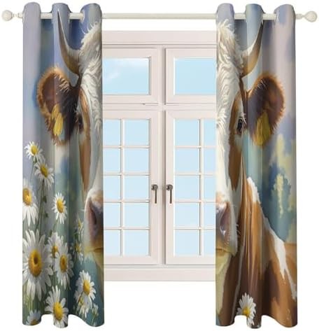 Watercolor cow and daisy flower blackout curtains — photo 4