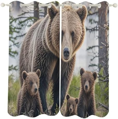 52"x72" Decorative Curtains Mother Bear and Her Cubs Printed