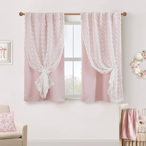 Pink white sheer overlay ruffle curtain 45 in