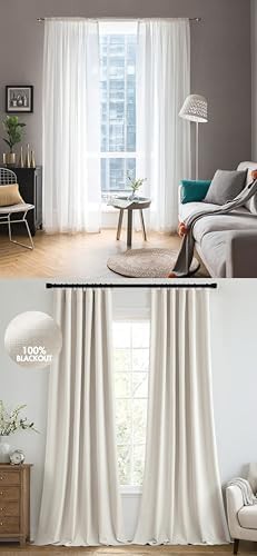 White sheer faux linen blackout curtain 96 inch