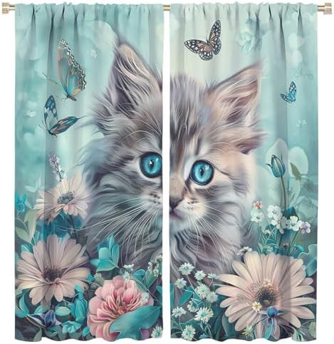Watercolor garden cat blackout curtain 45 inch