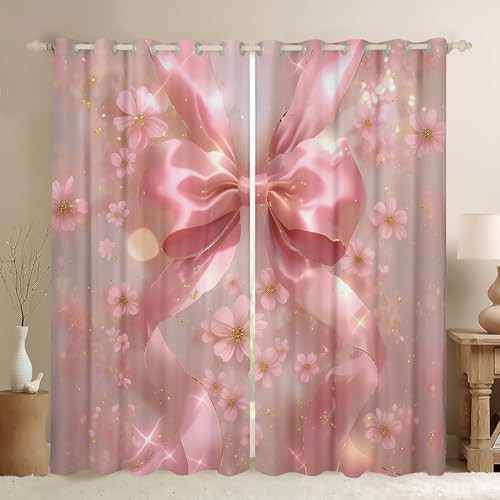 Pink flower bow grommet bedroom curtain 54 in