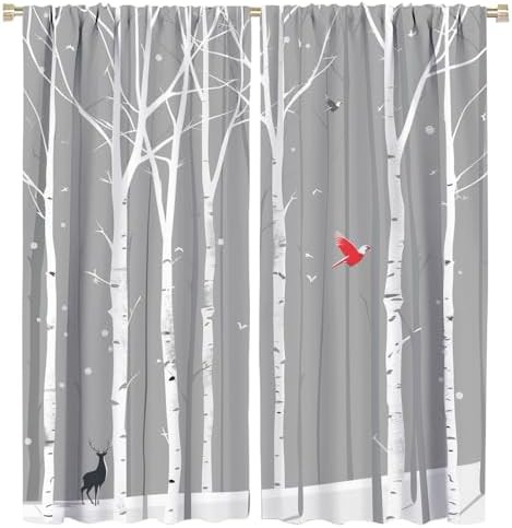 Vintage forest animal birch tree curtain 63 inch