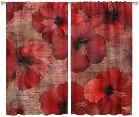 Red hibiscus blossoms blackout curtains 63 inch