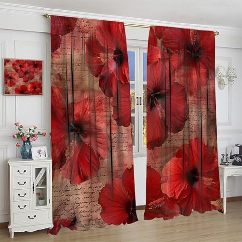 Red hibiscus blossoms blackout curtains 63 inch — photo 3