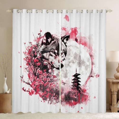 Wildlife wolf cherry blossom grommet curtain 54 in