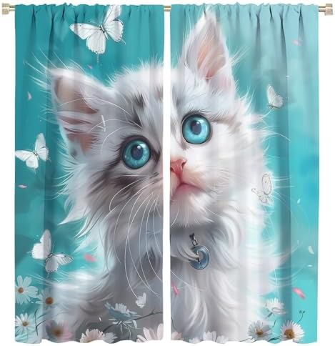 Watercolor cartoon cat thermal insulated curtain 63 inch