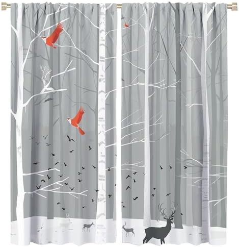 Rustic birch tree winter deer curtain 84 inch