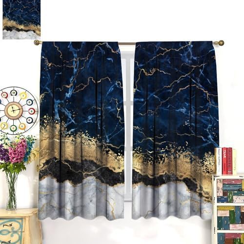 Navy blue marble rod pocket drapes 21x54 — photo 3