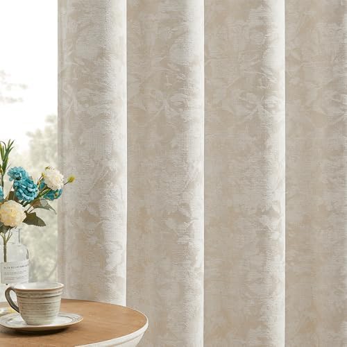 Beige floral jacquard blackout curtains 84 in
