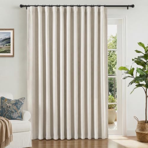 Beige linen textured sliding door blackout curtains