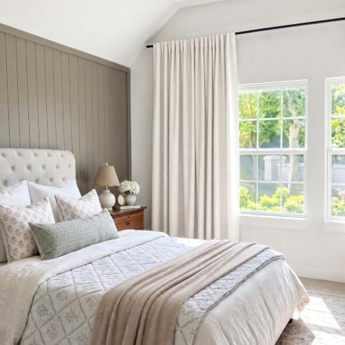 Beige linen textured sliding door blackout curtains — photo 3
