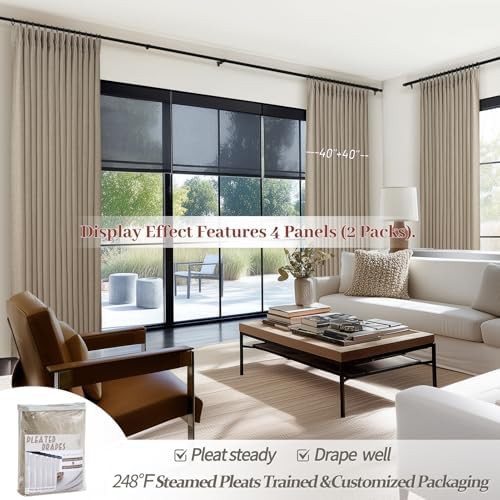 Taupe linen pinch pleated sound dampening drapes 96 in — photo 4