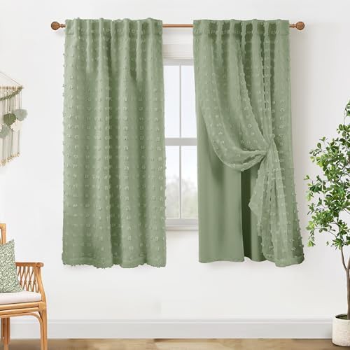Sage green boho pom pom blackout curtain 63 in