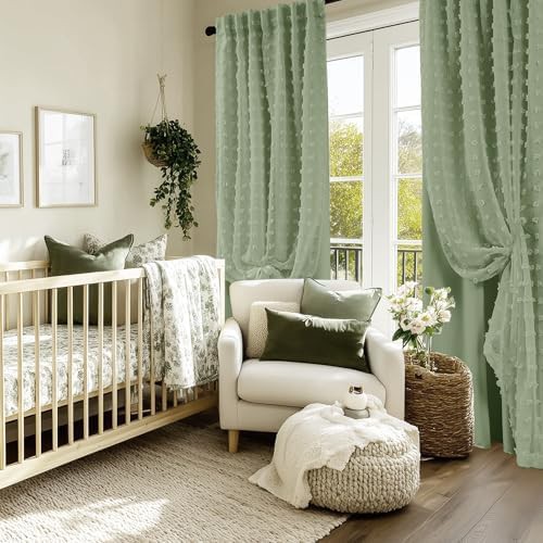 Sage green boho pom pom blackout curtain 63 in — photo 3