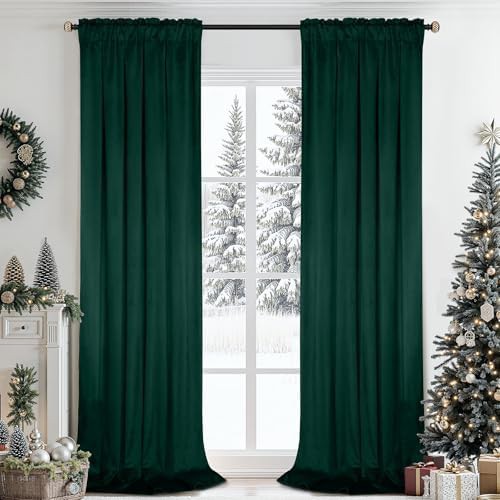 Dark green velvet rod pocket curtains 84 in