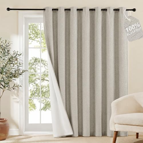 Beige linen total blackout sliding door curtain