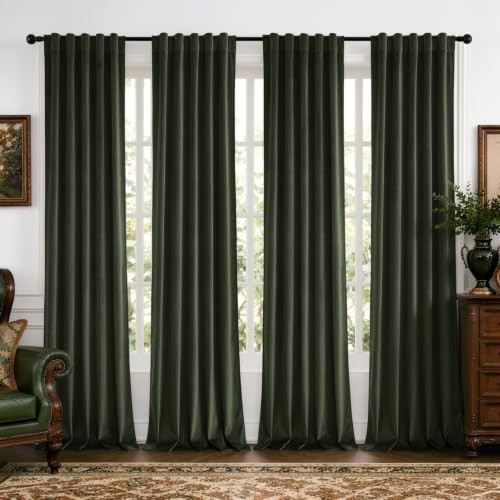 Olive green back tab velvet curtains 84 in